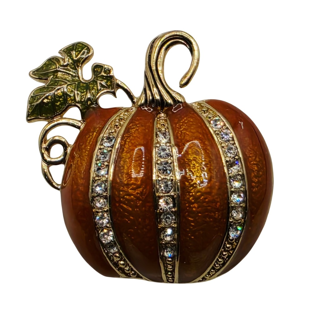 NAPIER Heavy Enamel Gold Tone Clear Rhinestone Pumpkin Pin Brooch Harvest Fall